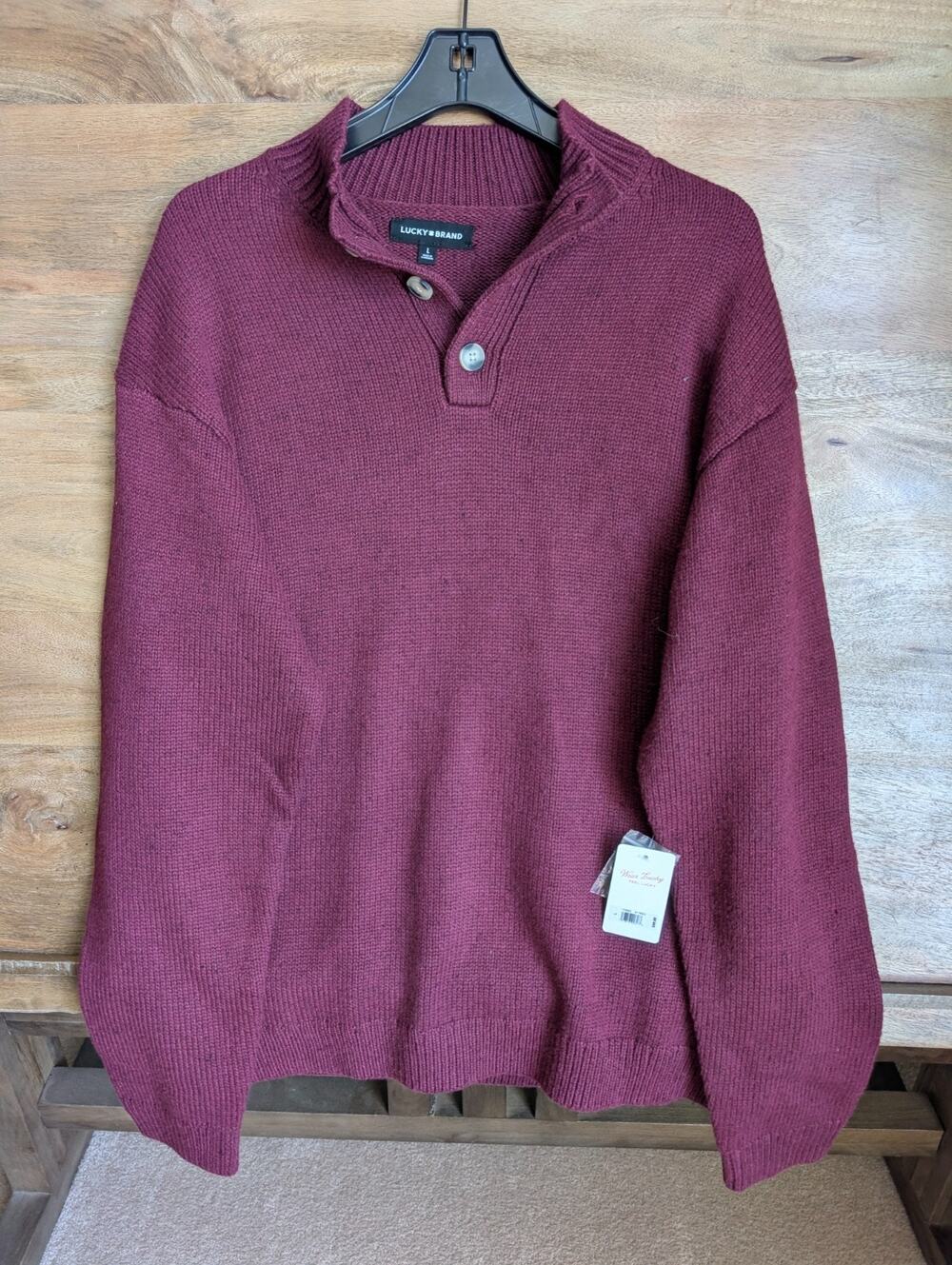 NWT Lucky Brand Sweater Mens L Red Knit Long Sleeve Button Mock Neck B176600